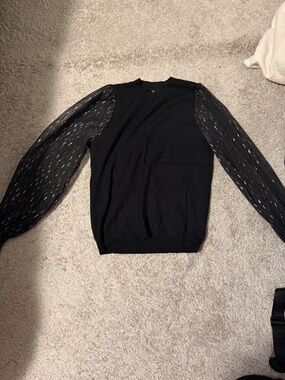 Black Sweater with Sheer Patterned Sleeves